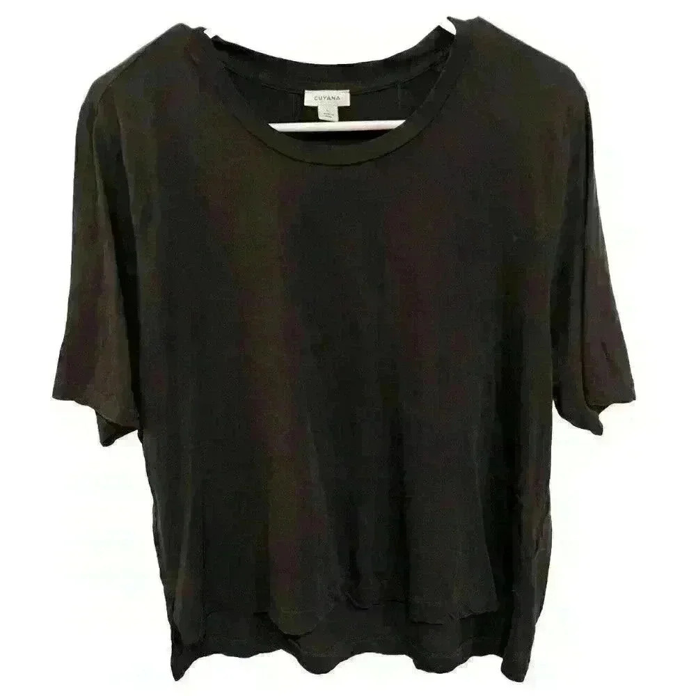 CUYANA Women's Short Sleeve 100% Organic PIMA Cotton Cropped Tee Sz Large Black